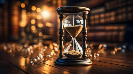 hourglass on the table, A close - up of an antique hourglass on a library desk, representing the passage of knowledge. vintage style, - obrazy, fototapety, plakaty