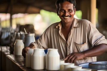 Fototapeta na wymiar indian man working at his dairy farm.