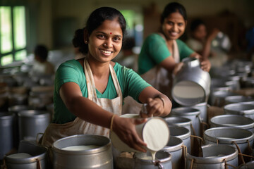 Indian woman working at dairy factory