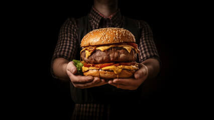 Close-up at person hand is holding and serving a big piece of beef cheese hamburger.. Unhealthy...