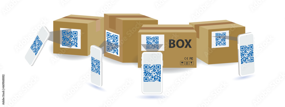 Poster modern smartphone scans qr code on a cardboard box for detail of merchandise. barcode and qr code sc