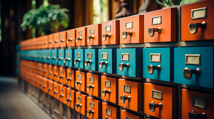 A library card catalog with drawers full of information. - obrazy, fototapety, plakaty