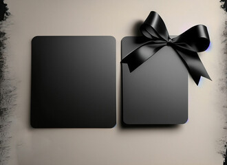 Black gift card with black ribbon bow with copy space