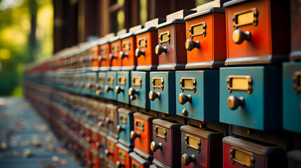 A library card catalog with drawers full of information. - obrazy, fototapety, plakaty