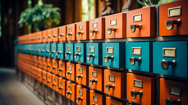 A library card catalog with drawers full of information.