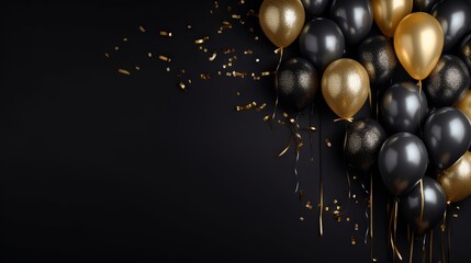 Sparkling black and gold balloons on dark gray background with copy space