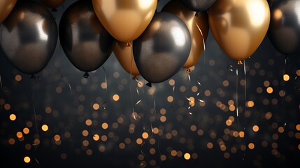 Dark gray background with black and golden balloons and sparkles