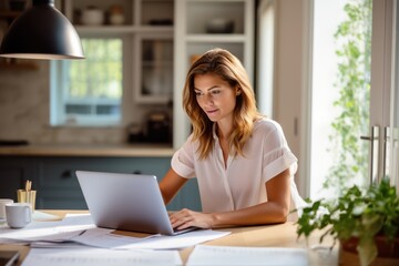 Elegant businesswoman holding documents and looking at camera while working from home. Freelancer working from home sitting at desk with laptop. Self employed business woman working from home.