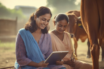 Indian woman using digital tablets at his cow dairy farm - Powered by Adobe