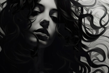 Abstract woman portrait, artistic illustration in black and white