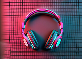 Red headphone on retro cyberpunk style background with copy space.
