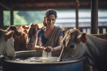 Indian female working at her cows dairy farm - obrazy, fototapety, plakaty