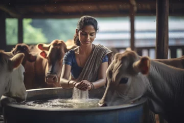 Fototapete Heringsdorf, Deutschland Indian female working at her cows dairy farm