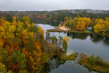 Fototapeta na wymiar Aerial autumn fall view Green Lakes, Balsys Lake (Žalieji Ežerai) Vilnius, Lithuania