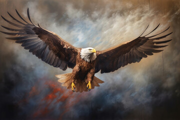 Majestic eagle flying in the fog, stunning illustration