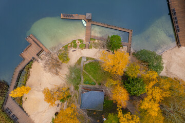 Aerial autumn fall view Green Lakes, Balsys Lake (Žalieji Ežerai) Vilnius, Lithuania