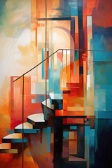 Abstract fine art, staircase and geometrical shapes. Generative art