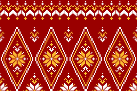 Red fabric Mexican style. Geometric ethnic flower seamless pattern in tribal. Aztec ornament print. Design for background, illustration, fabric, clothing, carpet, textile, batik, embroidery.