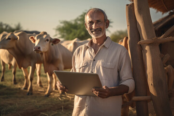 Indian man using laptop at his dairy farm