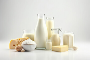 Milk bottle,yogurt and cheese on white background