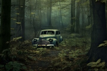 Obraz na płótnie Canvas An abandoned car in eerie woods, digitally created for a book cover. Generative AI