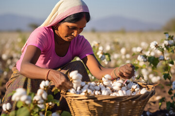 Indian woman working at cotton agriculture field. - obrazy, fototapety, plakaty