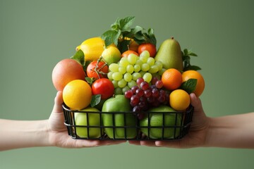 fresh fruit and vegetables in a basket, generative ai