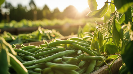 Fresh green pea pods at agriculture field - obrazy, fototapety, plakaty