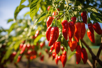 Obraz premium Red chili hanging on tree branch at agriculture field