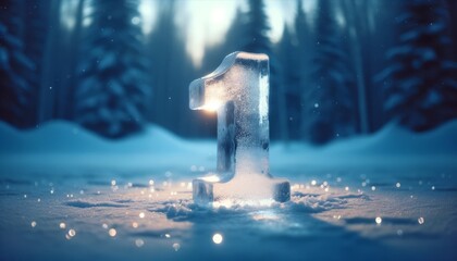 An ice sculpture shaped as the number '1', symbolizing the commencement of the New Year amidst a wintry setting.
