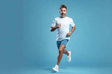 indian man in sport wear and running on blue background. - obrazy, fototapety, plakaty