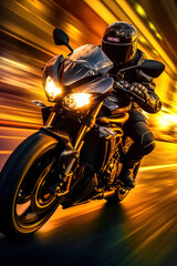Biker on yellow sports bike rides at the highway. Blurred motion, fast speed. Photorealistic illustration
