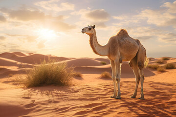 A camel at the sand dunes, stunning photorealistic illustration