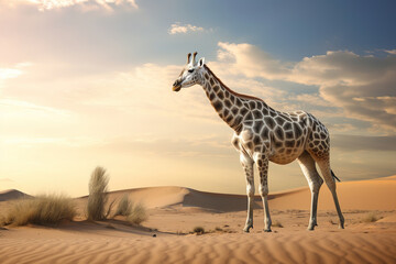 A giraffe in the sand dunes, stunning photorealistic illustration