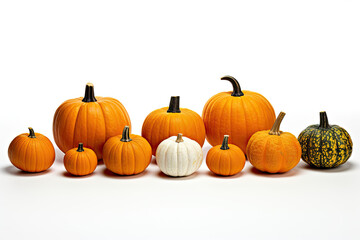 many small pumpkins, different shapes on white background