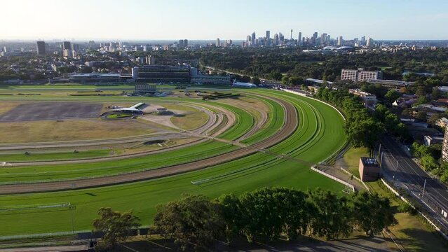 Drone aerial landscape view of Royal Randwick Racecourse track tourism carnival gambling equestrian Sydney City CBD Kensington NSW Australia 4K