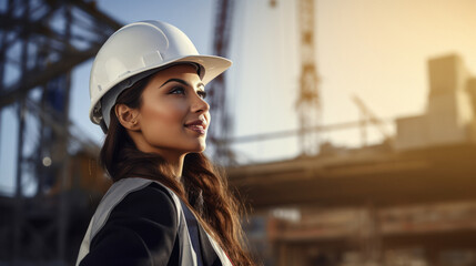 Young and successful female engineer standing at construction site