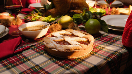 Obraz na płótnie Canvas Thanksgiving dinner table with salty food and tart sweets