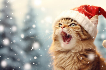christmas cat in santa claus hat - obrazy, fototapety, plakaty