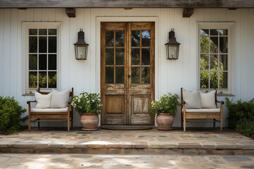 The old door of a residential building. Two armchairs and potted flowers at the entrance.