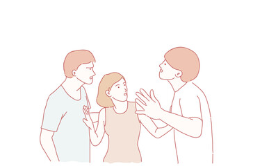 two men were fighting and a woman broke up the fight. vector hand drawn style