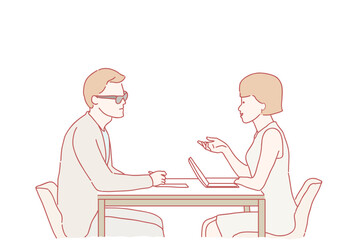 two office workers were having a serious discussion. vector handrawn art style
