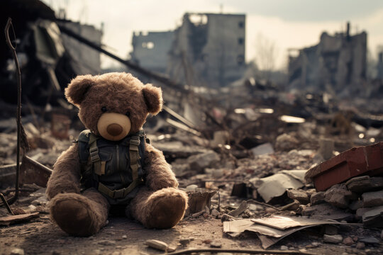 Abandoned teddy bear in a war zone