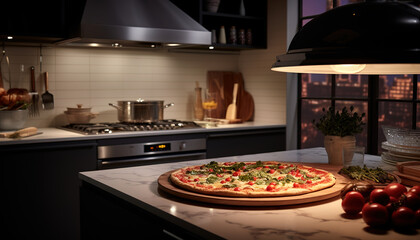 Gourmet pizza in a contemporary kitchen, vibrant colors and crispy edges - obrazy, fototapety, plakaty