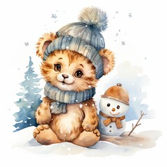 watercolor drawing of kitten with scarf and hat in snow