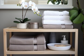 Wooden table with towels and live plants in the bathroom. Bathroom accessories. Generated by artificial intelligence