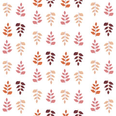 Seamless pattern with autumn falling branches leaves, yellow, orange, pink, burgundy, on a white background, hand drawn vector illustration.
