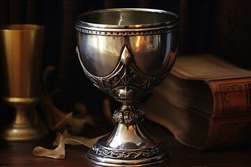 Shiny chalice on stand. Lifelike prize cup honor. Generative AI - obrazy, fototapety, plakaty