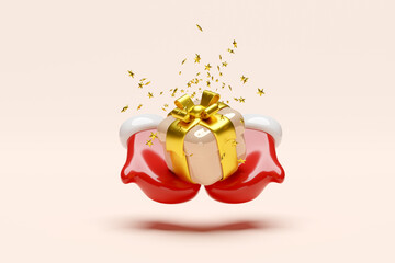 3d winter gloves with gift box, star confetti. merry christmas and happy new year, 3d render illustration