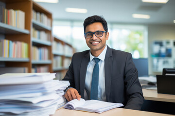 Indian male chartered accountant or bookkeeper sitting at office